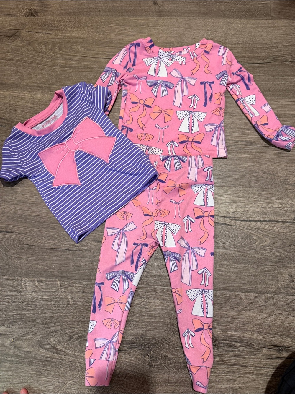 Girls Pink Bow Print Pajama Set with Purple Striped Tee